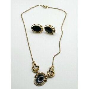 Carl-Art Black Onyx 12k Gold Filled Screw Back Earrings & Necklace Jewelry Set
